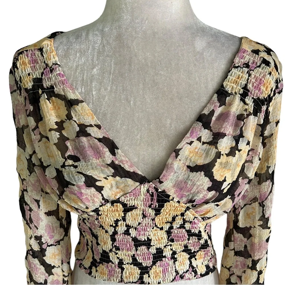 Lulus Romantic Impression Black Floral Smocked Tie Back Cropped Top - M - Picture 5 of 15